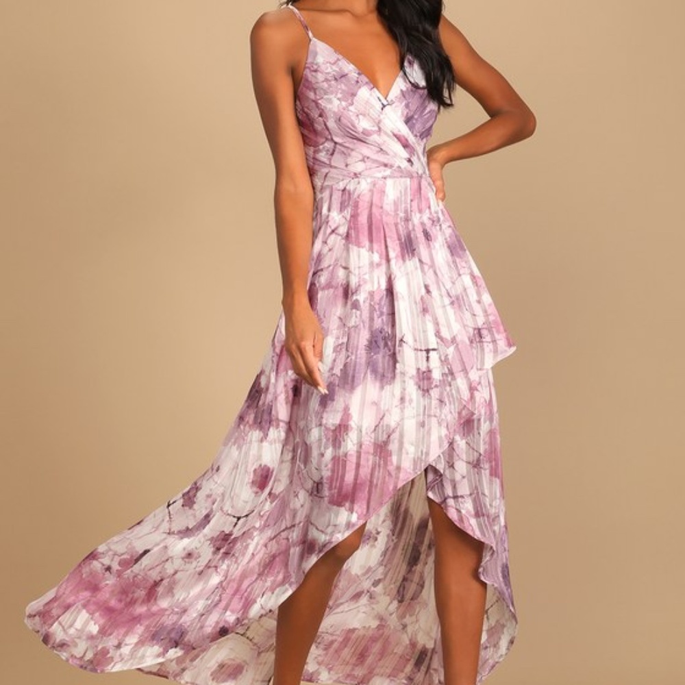Lulus An Enchanting Dream Purple Multi Print High-low Maxi Dress - Size M